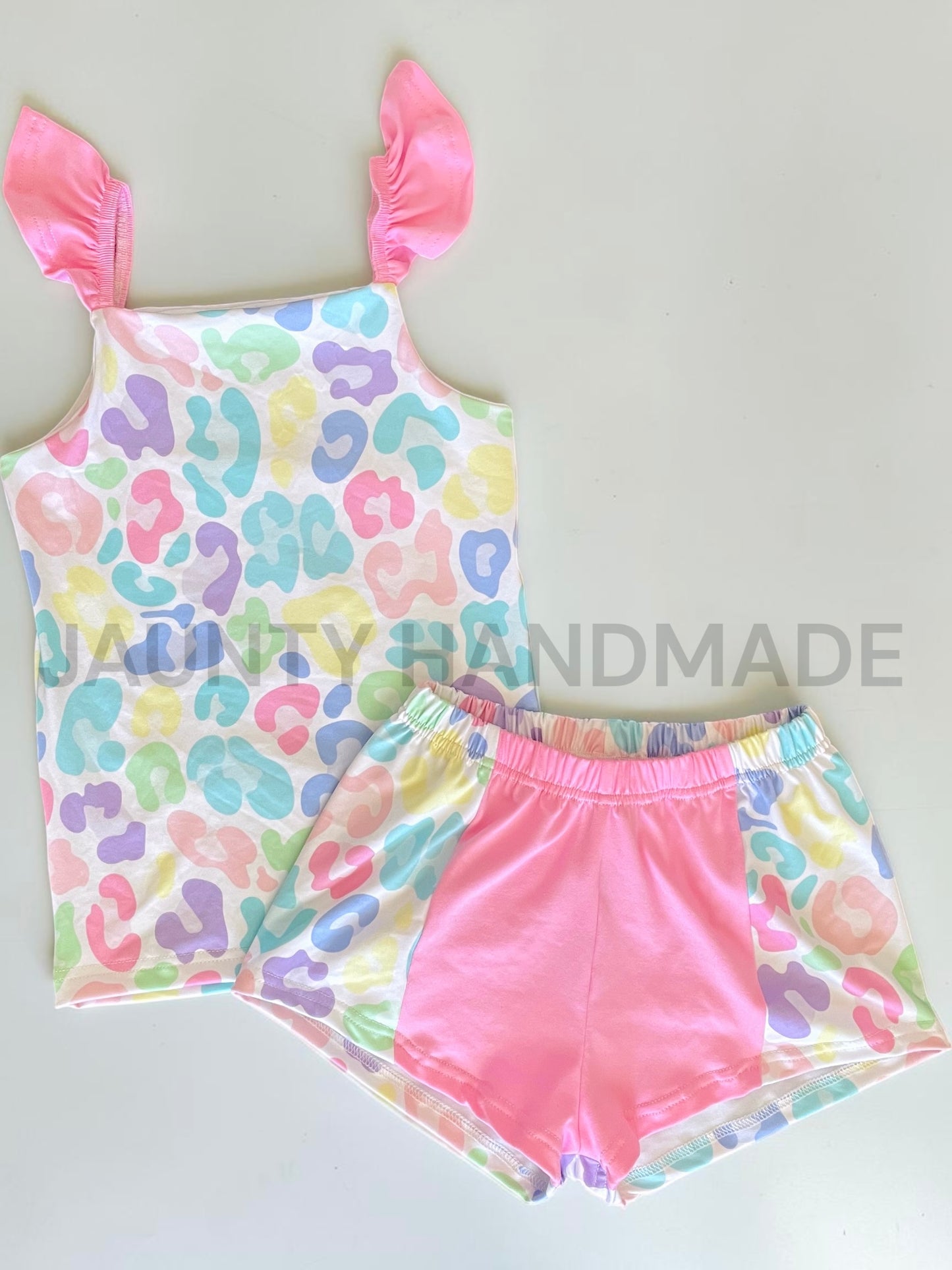 Pastel leopard ruffle cami and flow shorts set