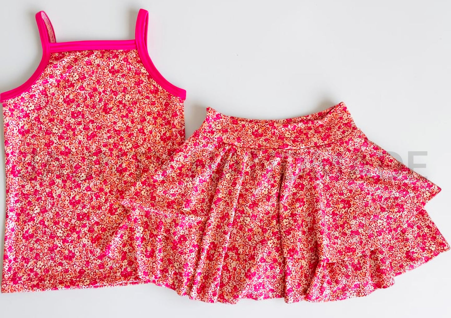 Coral floral cami and DOUBLE skirted bikers set