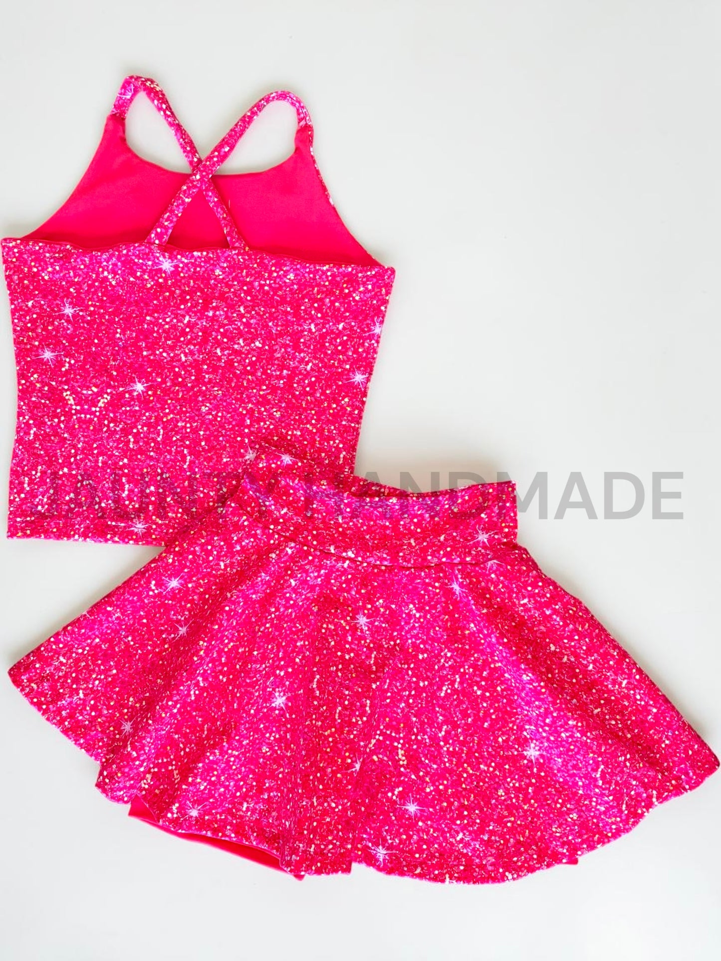 Pink faux glitter Gabi and skirted biker set