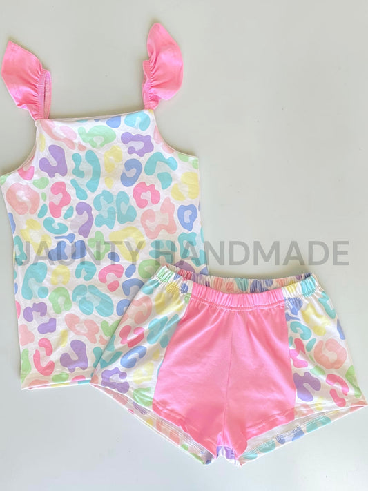 Pastel leopard ruffle cami and flow shorts set