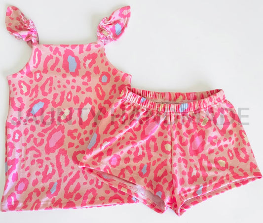 Pink leopard Ruffle cami and flow shorts