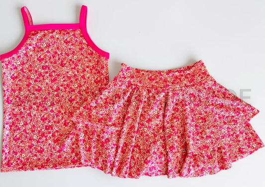 Coral floral cami and DOUBLE skirted bikers set